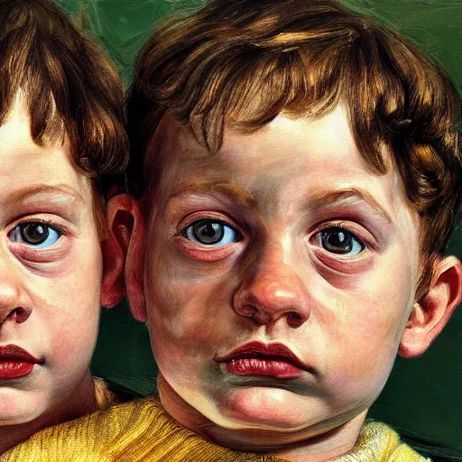 Image similar to high quality high detail painting by lucian freud, hd, portrait of twins, photorealistic lighting