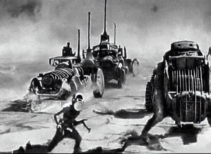 Prompt: scene from the 1929 science fiction film Mad Max