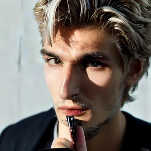 Image similar to a closeup photo of handsome gigachad xqc smoking