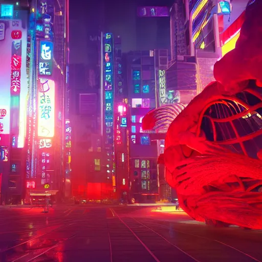 Prompt: a surreal 3 d octane render light tracing scene of a futuristic tokyo at night and a huge red water beast made of bones and muscle and blood is engrossing half the city. award winning trending on art station pixar lisa frank