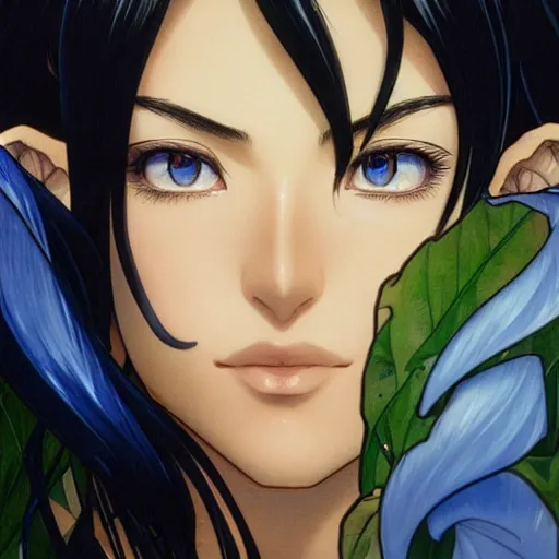 Image similar to highly detailed vfx portrait of nico robin by eiichiro oda!, makoto shinkai, alphonse mucha, sharp focus, art by artgerm and greg rutkowski!, backlit, harsh overhead sunlight, blue eyes!!, large aquiline nose!!, stanley kybric, kaoru mori, shadows, best of behance,