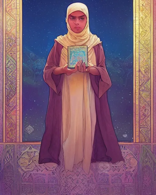 Image similar to a bedouin child infront of an big open quran highly detailed, gold filigree, romantic storybook fantasy, soft cinematic lighting, award, disney concept art watercolor illustration by mandy jurgens and alphonse mucha and alena aenami, pastel color palette, featured on artstation