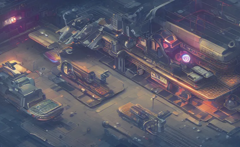 Image similar to isometric, a spaceship, gas station in space, 8 k, steampunk, very coherent, sharp focus, rim light, exquisite lighting, hard edges, sci - fi, print, cinematic, game art, soft painting, trending on artstation