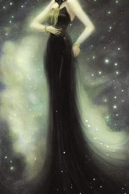 Image similar to Nocturne, glowing, stars, a long-legged elegant sultry woman, long ombre hair, pearl choker, highly detailed, mysterious, ethereal, dressed in black velvet, haute couture, illustration, dramatic lighting, soft details, painting, by Edmund Blair Leighton, Brom, Charlie Bowater, trending on artstation, faces by otto schmidt