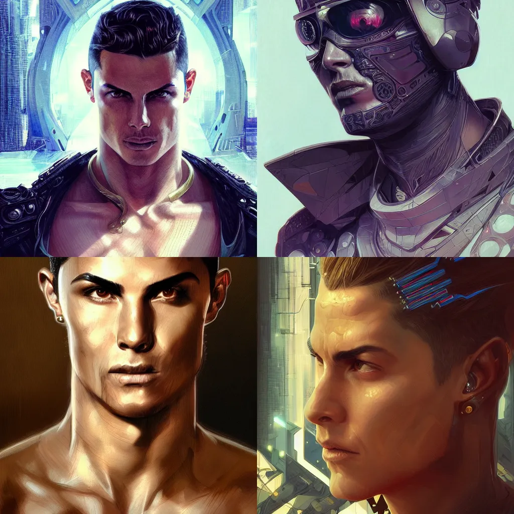 Prompt: Portrait of cyberpunk Cristiano Ronaldo, face, fantasy, intricate, elegant, highly detailed, digital painting, artstation, concept art, smooth, sharp focus, illustration, art by artgerm and greg rutkowski and alphonse mucha