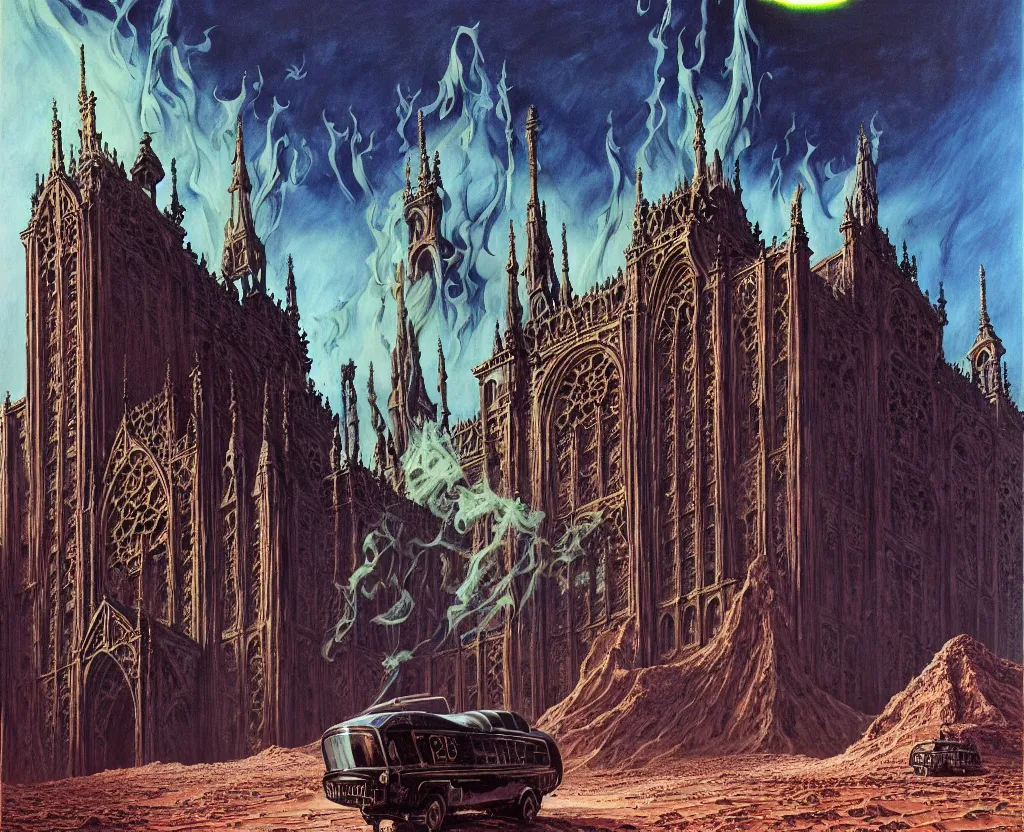 Image similar to fish eye view of detailed portrait, intricate complexity, huge gothic crematorium on desert planet, elevator, side ramp entrance vehicle, dead bodies, guards intricate, painting by lucian freud and mark brooks, bruce pennington, dark colors, neon, death, guards, nice style smoke