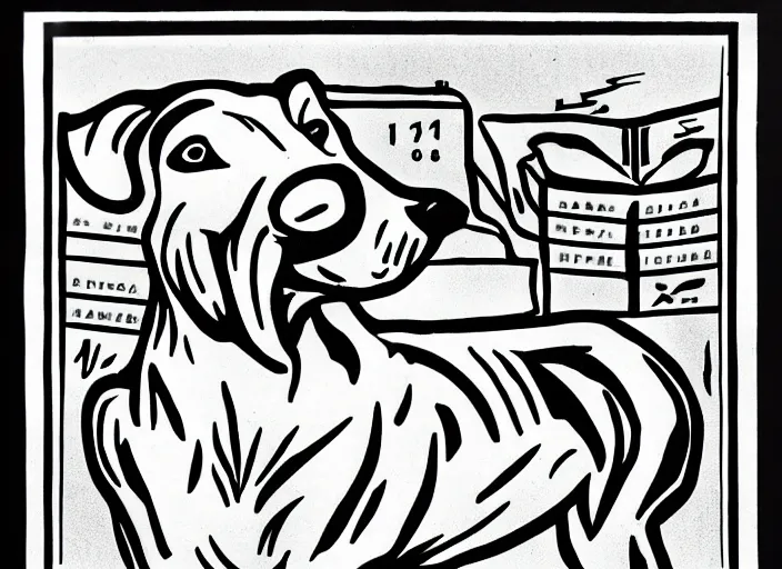 Prompt: communist propaganda poster of a dog. black ink outline