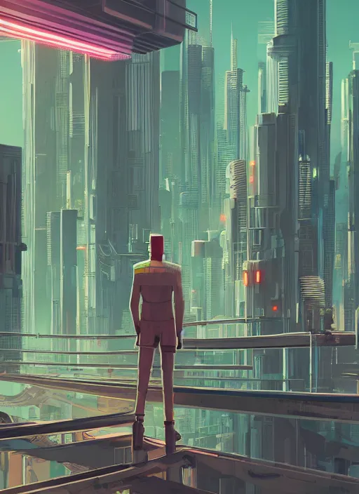 Prompt: a man standing on top of a bridge over a city, cyberpunk art by James Gilleard, cgsociety, retrofuturism, synthwave, cityscape, 2d game art