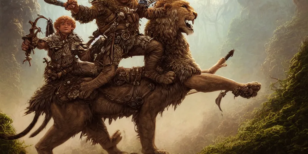 Image similar to halfling druid ranger riding a lion, realistic, ultra detailed, fantasy character portrait, ultra realistic, wide angle, intricate details, highly detailed by peter mohrbacher, hajime sorayama, wayne barlowe, boris vallejo, aaron horkey, gaston bussiere, craig mullins