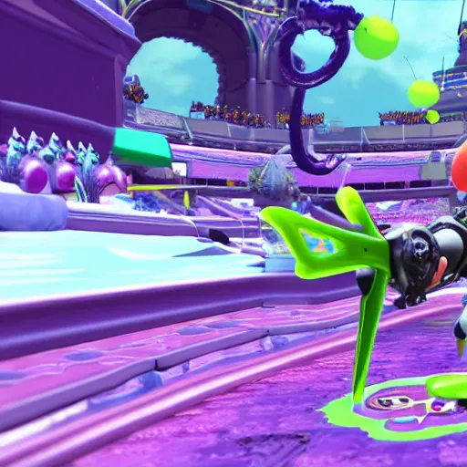 Image similar to 3 d game screenshot of splatoon inkling in bayonetta, high detail, high resolution