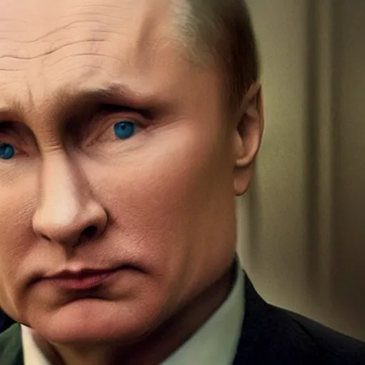 Image similar to cinematic still from a movie about putin played by colin ferrell