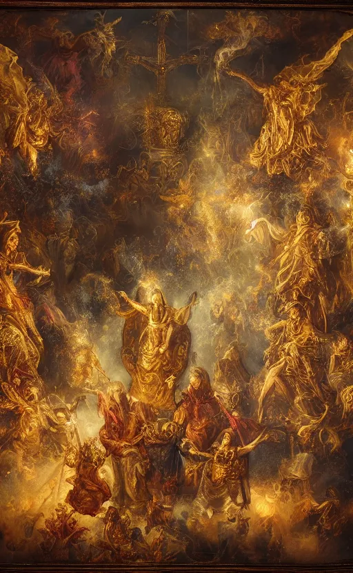 Image similar to 'Deamons Invade The Holy See' by István Sándorfi royally decorated, whirling smoke, embers, gold encrustations , gilt silk torn fabric, radiant colors, fantasy, perfect lighting, studio lit, micro details,