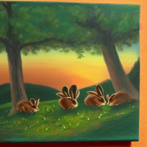 Prompt: painting of four baby bunnies an a green hill at sunset