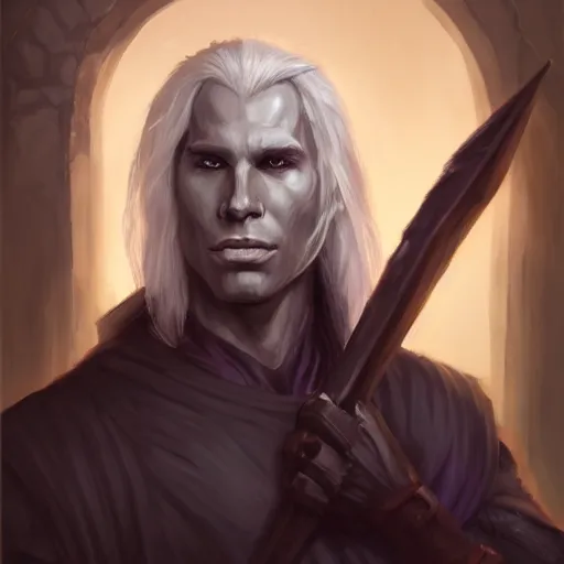 Image similar to realistic portrait of drizzt du orden by r. a. salvatore, dark elf with purple eyes and white hair, trending on artstation, dark gloomy cave background, low angle oil painting and composition laws, cinematic lighting, hyperdetailed, cgsociety, 8 k