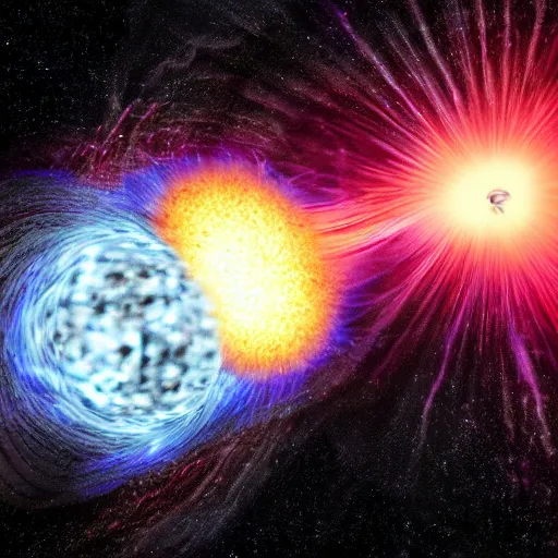 Image similar to neutron star exploding in a dramatic realistic manner near a black hole