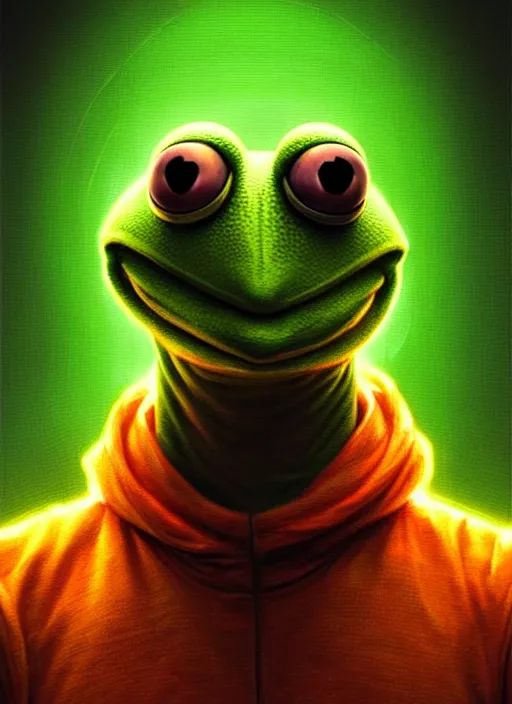 Image similar to symmetry portrait of kermit the frog, sci - fi, tech wear, glowing lights intricate, elegant, highly detailed, digital painting, artstation, concept art, smooth, sharp focus, illustration, art by artgerm and greg rutkowski and alphonse mucha