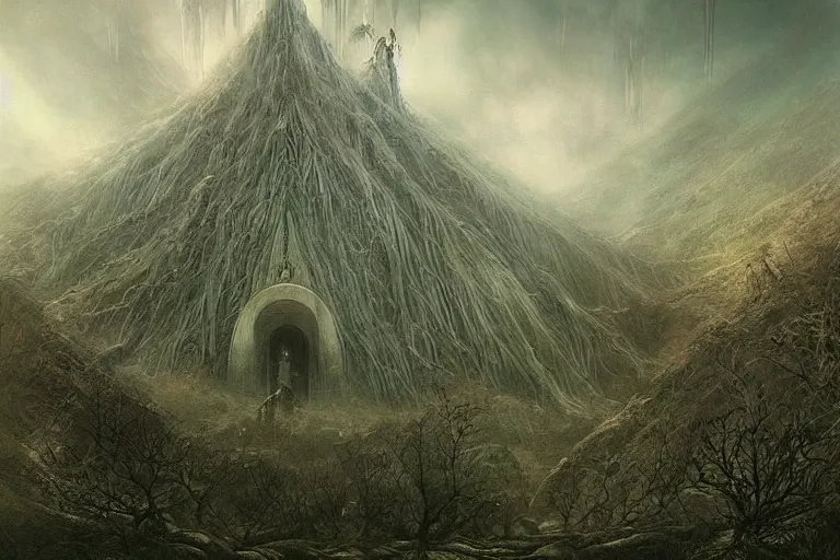 Prompt: Rivendell Himeji Eden hallucination, amazing concept painting, by Jessica Rossier by HR giger by Beksinski,