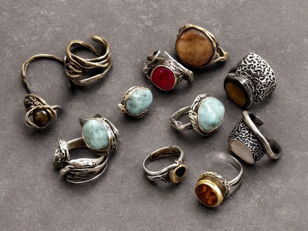 Prompt: innovative rustic hand made rings hand crafted from silver and brass and natural gemstones