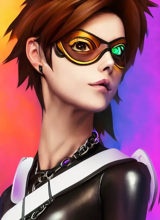 Image similar to portrait bust digital artwork of tracer overwatch, wearing black iridescent rainbow latex tank top, 4 k, expressive happy smug expression, makeup, in style of mark arian, angel wings, wearing detailed black leather collar, chains, black leather harness, detailed face and eyes,