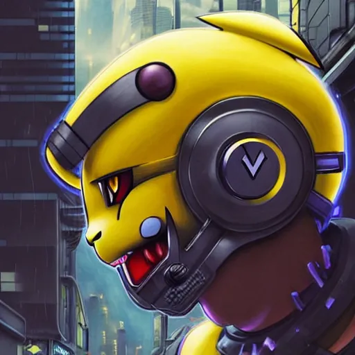 Image similar to Side view of a Pikachu cyborg demon in cyberpunk headset and helmet on the street of a cyberpunk city, sci-fi, fantasy, intricate, very very beautiful, elegant, highly detailed, digital painting, artstation, concept art, smooth, sharp focus, illustration, concept art by Josan Gonsales and James Gurney and Mœbius