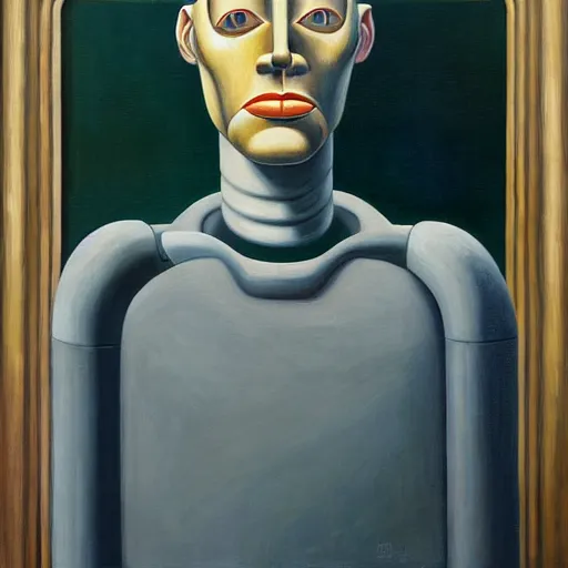 Image similar to tall, gaunt, imposing robot with intense eyes portrait, grant wood, pj crook, edward hopper, oil on canvas