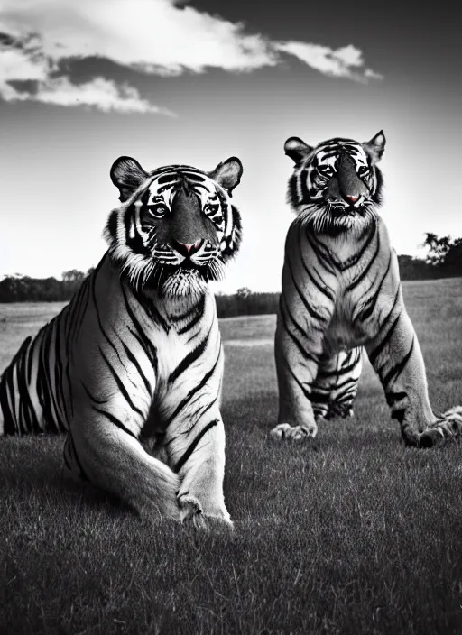 Image similar to two tigers black and white portrait white sky in background