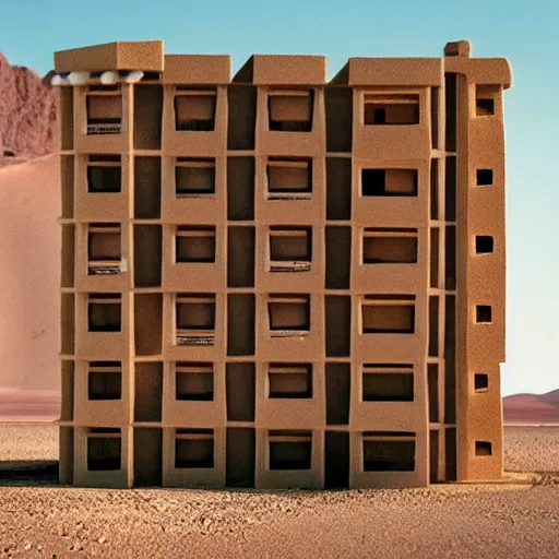 Prompt: big scale baby toy hotel in the dessert, brutalism