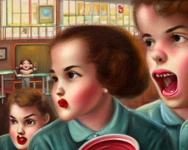 Prompt: closeup profile portrait of a 1 9 5 0 s highschool canteen, nicoletta ceccoli, mark ryden, lostfish, max fleischer, hyper realistic, artstation, illustration, digital paint, matte paint, vivid colors, bright, cheerful, detailed and intricate environment