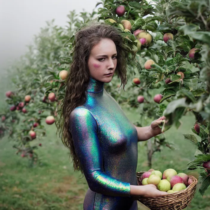 Image similar to a closeup portrait of a woman wearing a muddy iridescent holographic leotard, picking apples from a tree in an orchard, foggy, moody, photograph, by vincent desiderio, canon eos c 3 0 0, ƒ 1. 8, 3 5 mm, 8 k, medium - format print