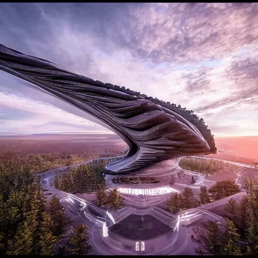 Prompt: monumental full open shot during the day of a smooth futuristic glowing massive abstract structure. the detailed structure resembles huge bird wings. the structure is ment for people and has trees on it ’ s porches. insanely large sense of scale. the building has the size of a mountain. full shot. extreme long wide shot.
