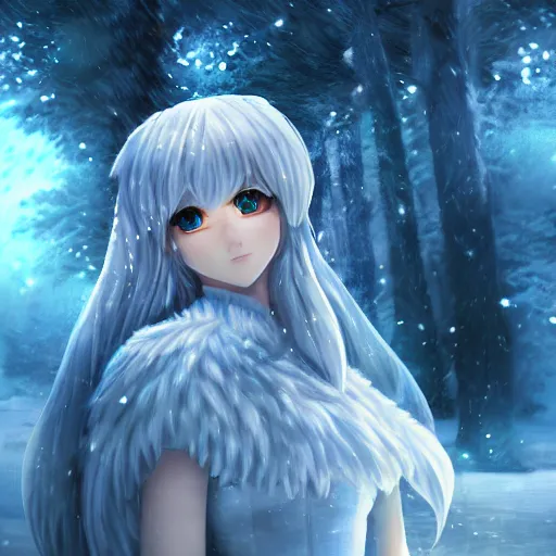 Prompt: portrait focus of knight beautiful 3D anime girl, ice armor wearing, dark forest background, snowing, bokeh, inspired by Masami Kurumada, digital painting, high contrast, unreal engine render, volumetric lighting, high détail