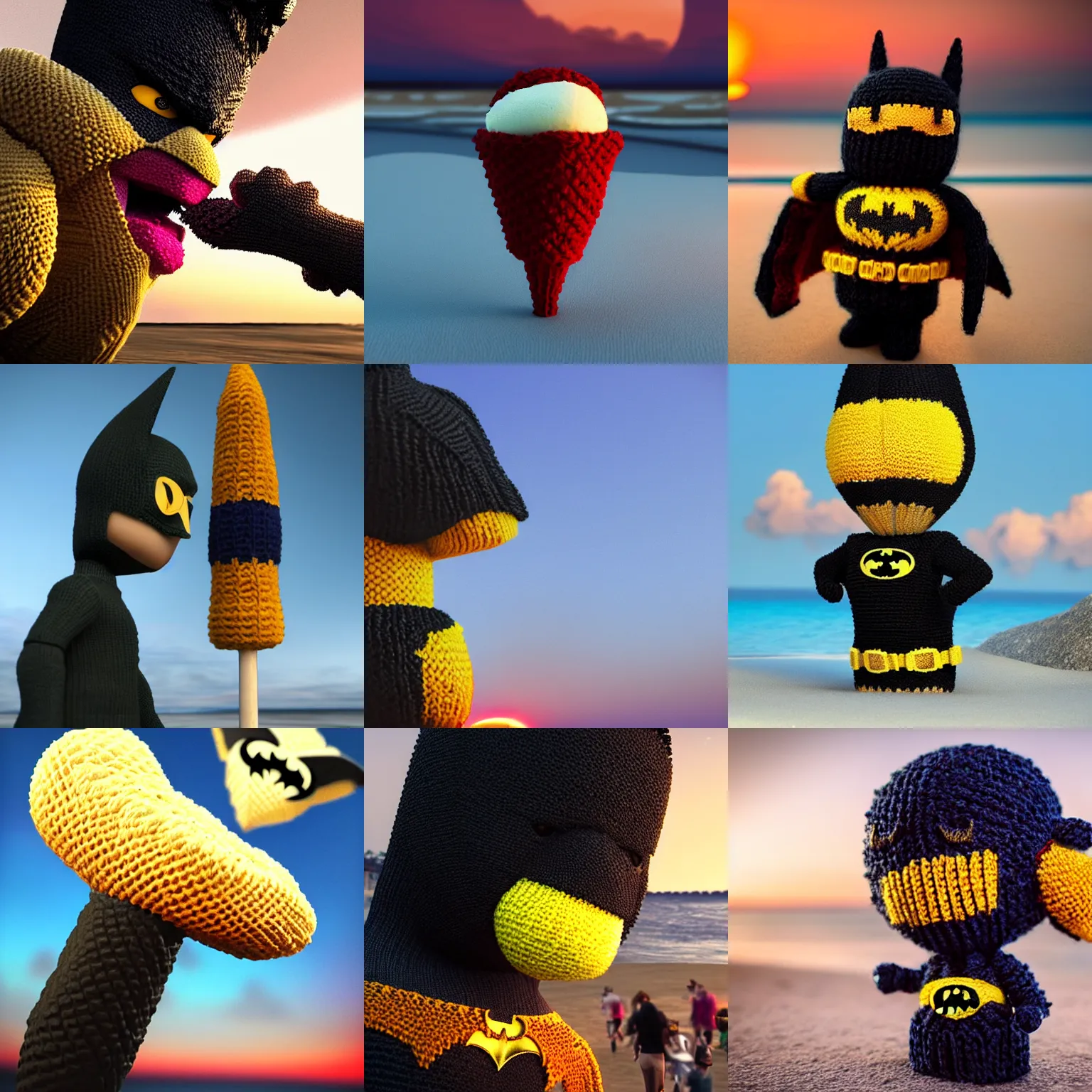Prompt: a large knitted batman devouring a vanilla ice cream cone during sunset at the beach Trending on artstation, featured on Behance, well-rendered, Unreal Engine, 4K HD