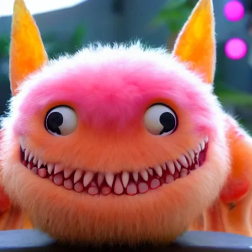 Image similar to an alien with a face that looks like a fuzzy peach the peach is fuzzy pink warm and ripe the alien has horns and a mean smile the alien has chicken feet cruel smile, 4k, highly detailed, high quality, amazing, high particle effects, glowing, majestic, soft lighting