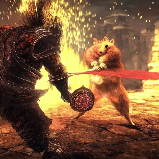 Prompt: a hamster fighting a monster in dark souls 3