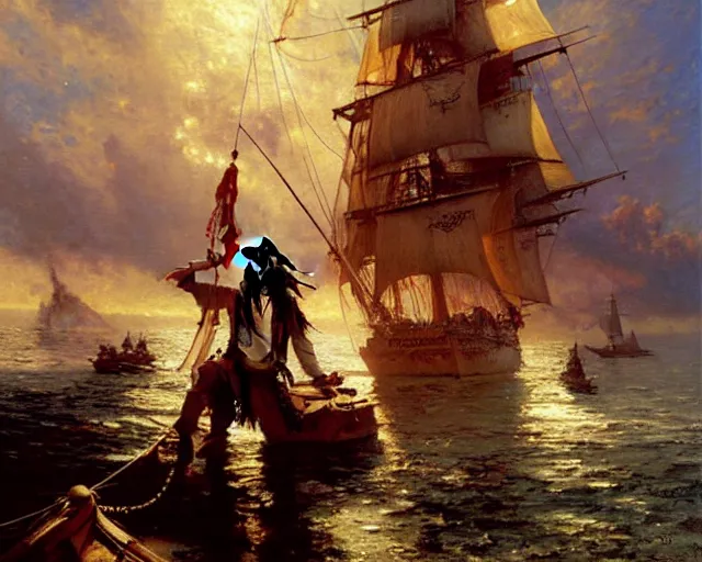 Image similar to jack sparrow sailing a ship, painting by gaston bussiere, craig mullins, j. c. leyendecker