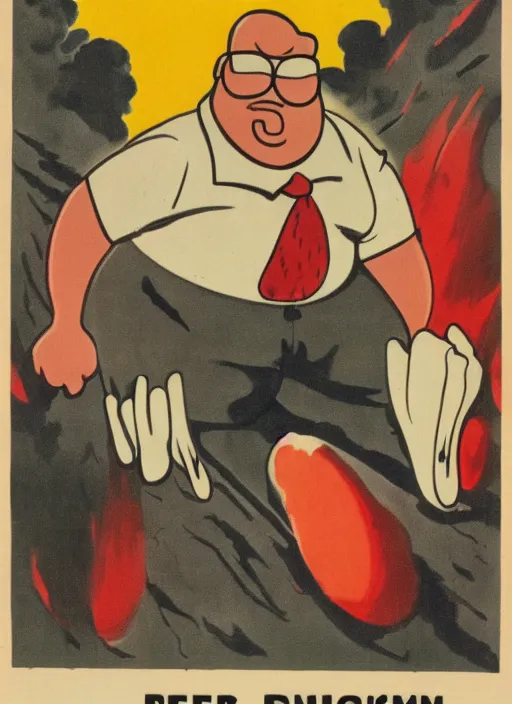 Image similar to creepy peter griffin, 1940s scare tactic propaganda art