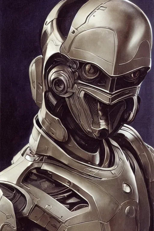 Image similar to futurist armor for half human half robot soldiers, art by leyendecker, head and shoulders portrait, cyberpunk, cybernetic implants, intricate, extreme details