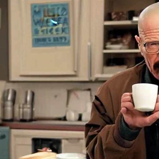 Prompt: a still of walter white form breaking bad holding a mug with coffee inside of it