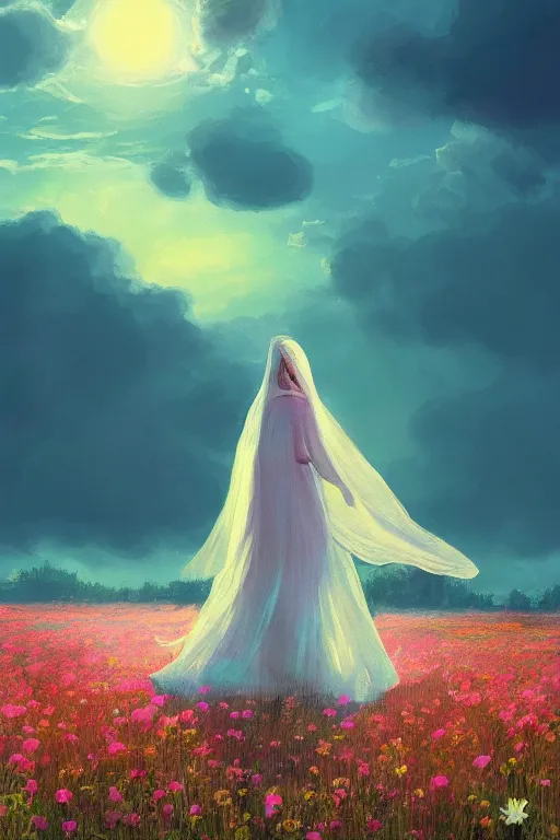 Prompt: white daisy flower face, girl with veil walking in a flower field, surreal photography, sunrise, dramatic light, impressionist painting, colorful clouds, digital painting, artstation, simon stalenhag