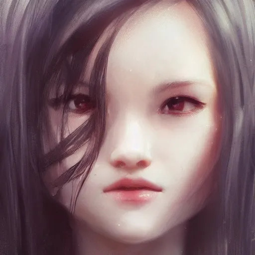 Image similar to a cute and beautiful girl by ruan jia, 8 k, closeup headshot, smooth, trending on artstation, black long hair, black eyes, movie poster style