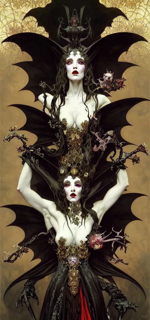 Image similar to baroque oil painting portrait of vampire queen in gothic robes with bat wings, by nekro, peter mohrbacher, alphonse mucha, brian froud, yoshitaka amano, kim keever, victo ngai, james jean