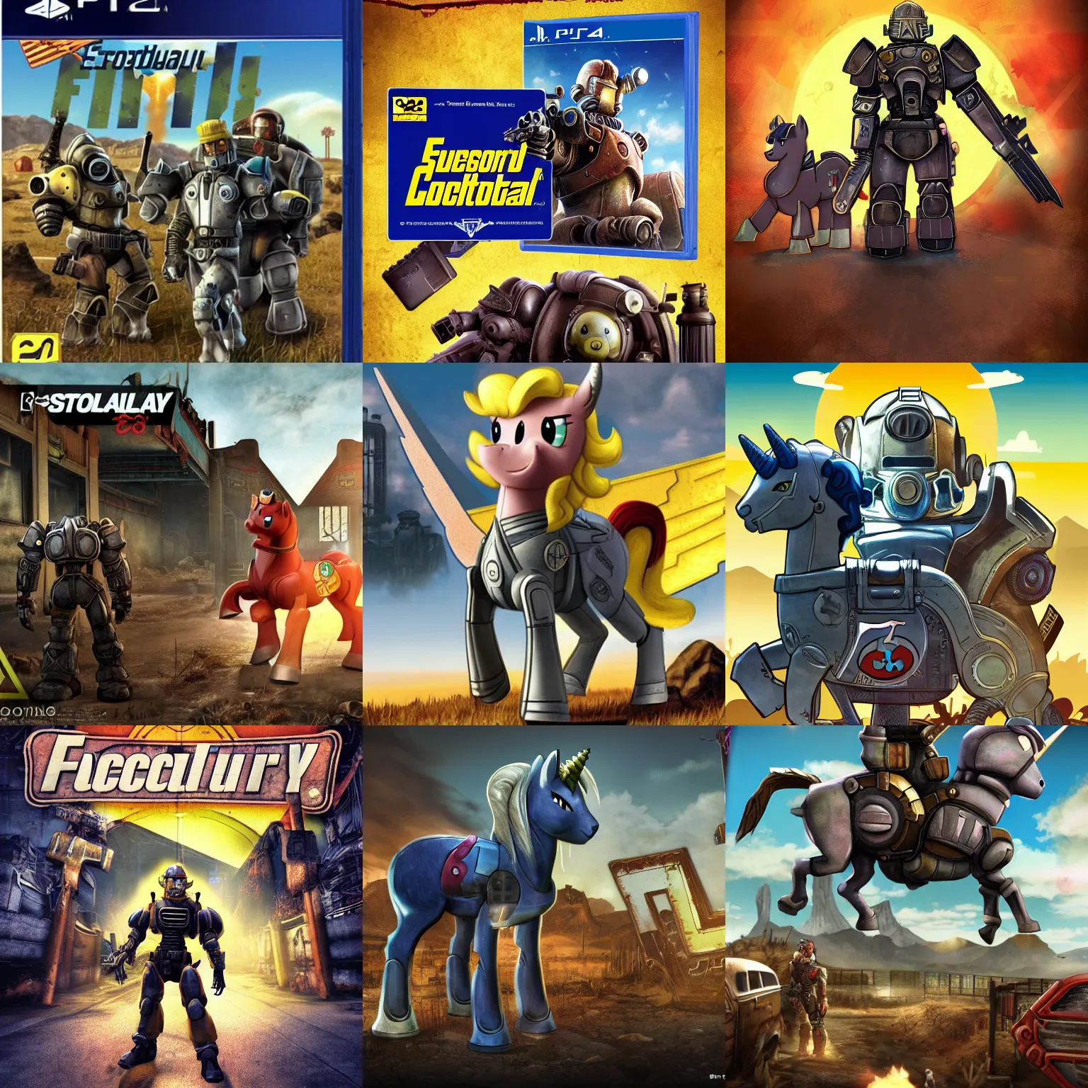 Prompt: ps 2 game box front cover for fallout : equestria | trending on artstation, 8 k, my little pony : friendship is magic, fallout, crossover | fallout 4 ps 4 cover art but with a pony in power armor looking at the viewer | mlp, pony, horse, quadrupedal
