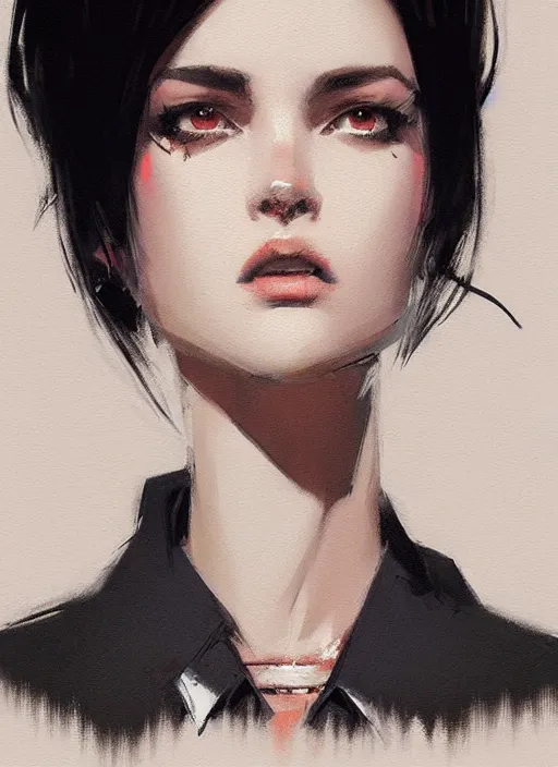 Prompt: ultradetailed beautiful panting of a stylish woman wearing a shirt with a tie, she has black hair, distressed, by ashley wood, ilya kuvshinov, greg rutkowski on artstation