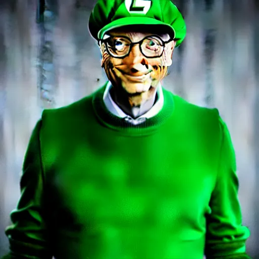 Image similar to uhd candid photo of hyperdetailed bill gates dressed as luigi. correct face, accurate luigi costume, cinematic lighting, photo by annie leibowitz, and steve mccurry.