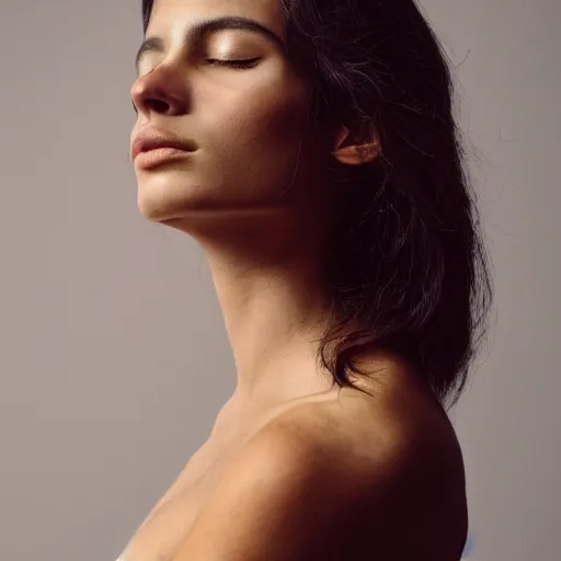 Prompt: Portrait photo of a beautiful supermodel posed in profile, beautiful bone structure, long dark hair, olive skin, eyes closed, natural makeup, studio lighting, highly detailed, cinestill 800t