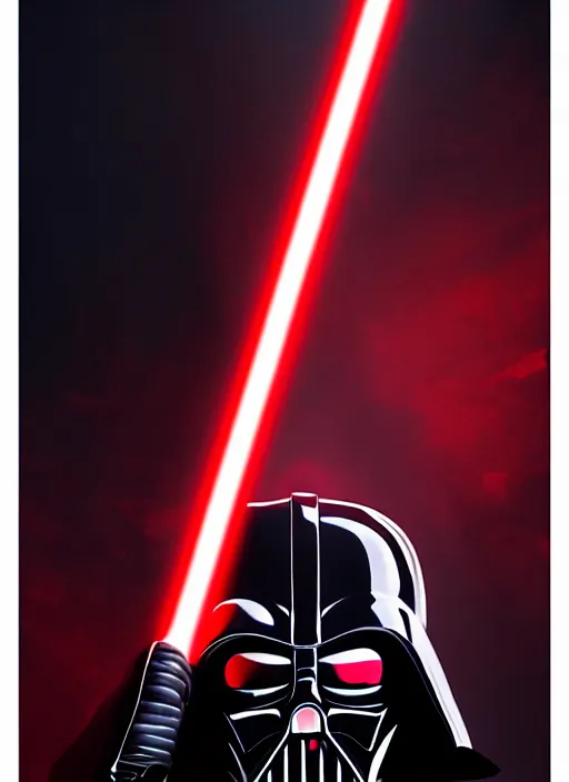 Image similar to photorealistic portrait art of Darth Vader in a black room holding a red lightsaber lighting up half of his face, ambient lighting, dynamic lighting, hyper realistic, concept art, stunning visuals, cinematic