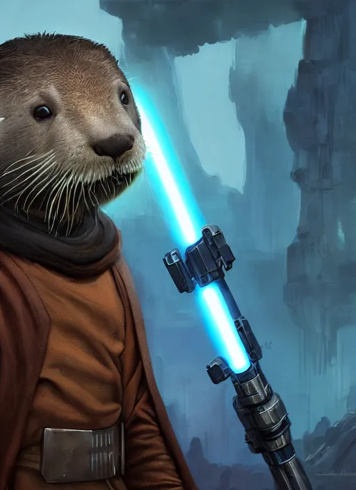 Image similar to portrait, anthropomorphic otter wearing Jedi robes wielding a blue lightsaber in a futuristic river town. Dramatic lighting, cinematic, establishing shot, extremely high detail, photo realistic, post processed, artstation, matte painting, style by eddie mendoza, raphael lacoste, alex ross