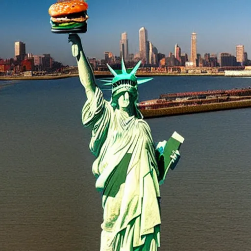 Image similar to the statue of liberty holding a burger realistic