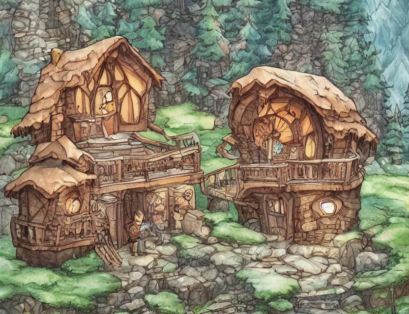 Prompt: cute and funny, a magicians cabin carved into a mountain, centered award winning watercolor pen illustration, edited by range murata, tiny details by artgerm and watercolor girl, sharply focused