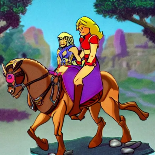 Image similar to He-Man, She-Ra, and Skeletor riding a horse together